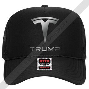 Trump Tesla Maga Custom Mash Up Logo Foam Trucker Hat Black w Silver Logo